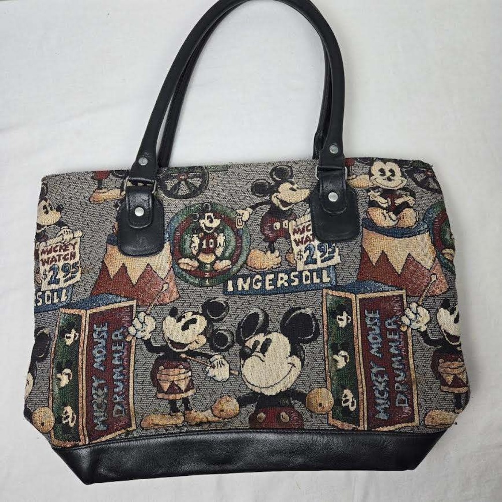 VTG Disney Mickey‎ Mouse Tapestry Tote Bag Ingersoll Watch Leather Trim Purse